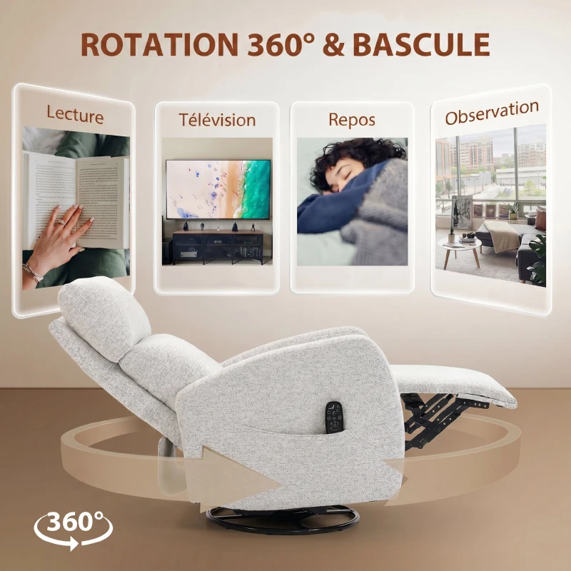 HOMCOM Fauteuil inclinable de massage et chauffage, fauteuil de relaxation en chenille, dossier réglable, pivotant 360°, crème