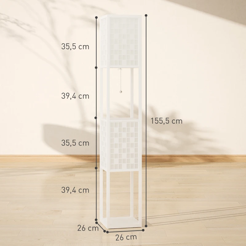 HOMCOM Staande lamp met rasterpatroon, 2-laags schappen, geschikt voor diverse lichtbronnen, wit