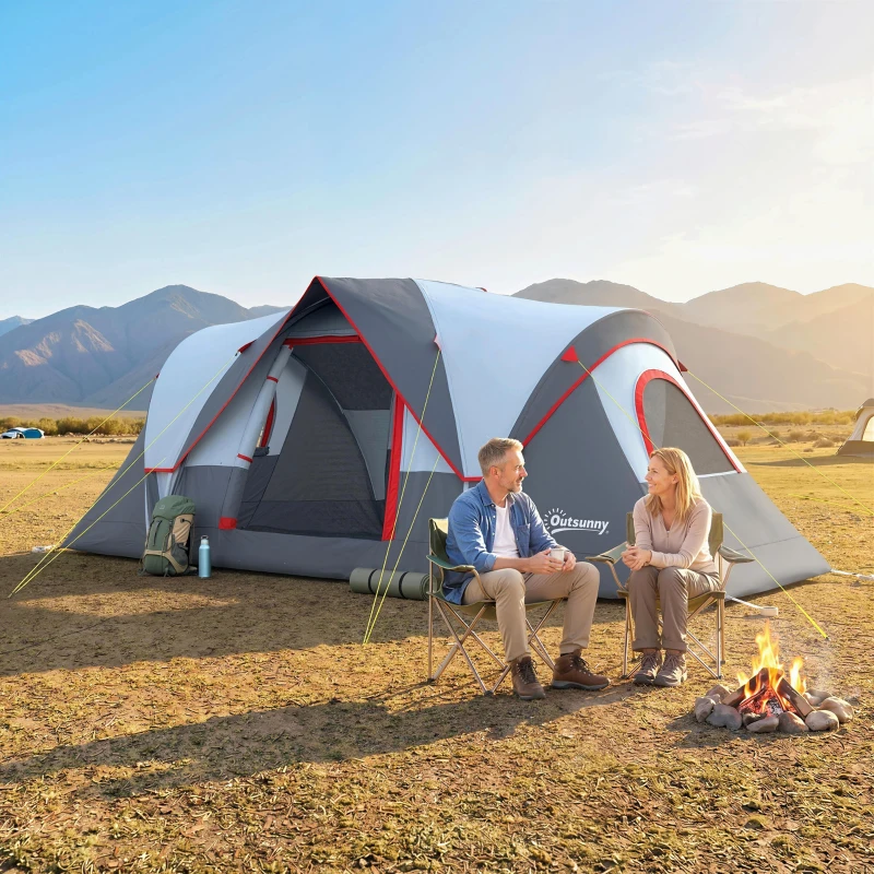 Outsunny Tente de camping familiale 5 pers. - tente tunelle ventilée facile à monter - grande porte + 2 fenêtres - 4,55L x 2,2l x 1,8H m fibre verre polyester oxford gris