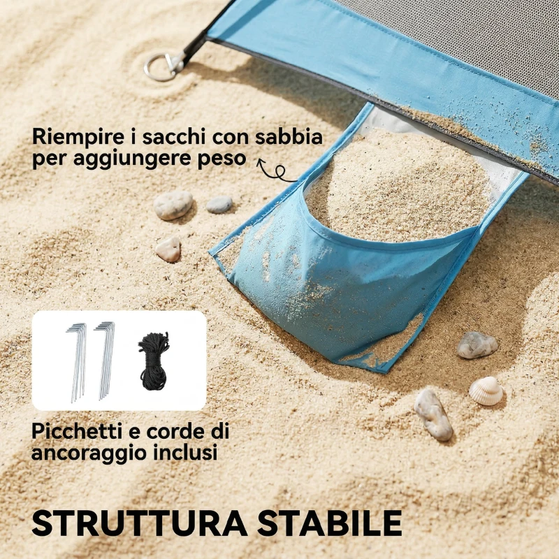 Outsunny Tenda Spiaggia UV30+, 2-3 Persone, Sacchi Sabbia, Facile Montaggio, Azzurro.