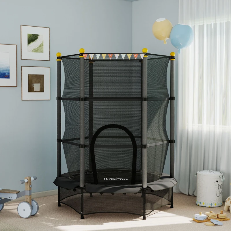 HOMCOM Tappeto Elastico per Bambini con Rete di Sicurezza e Pali Imbottiti Età 3-10 Anni, Ø140 x 190 cm, Nero