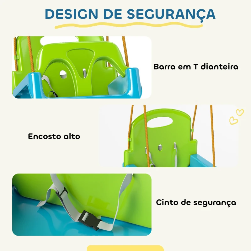 Outsunny Baloiço Infantil 3 em 1 com Cordas Ajustáveis, Encosto Removível, Barra em T e Cinto de Segurança Verde Escuro