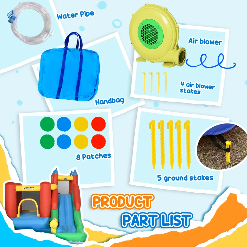 Outsunny Kids Inflatable Bouncy Castle Water Slide 5 in 1 Bounce House Jumping Castle Water Pool Gun Climbing Wall with Air Blower for Summer Playland