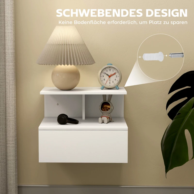 HOMCOM Zwevend nachtkastje met lade en open vak, wit, 39,8 x 35 x 31,6 cm