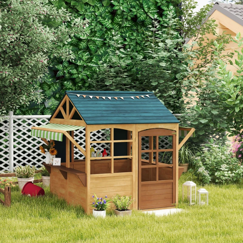 AIYAPLAY Cabane enfant extérieur pliable avec porte, fenêtres, stations de service, capes de pluie, tableaux noirs, jaune
