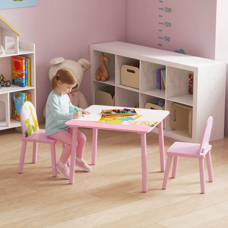 AIYAPLAY Table enfant avec chaise, ensemble table et 2 chaises en bois pour dessiner, jouer, étudier, rose