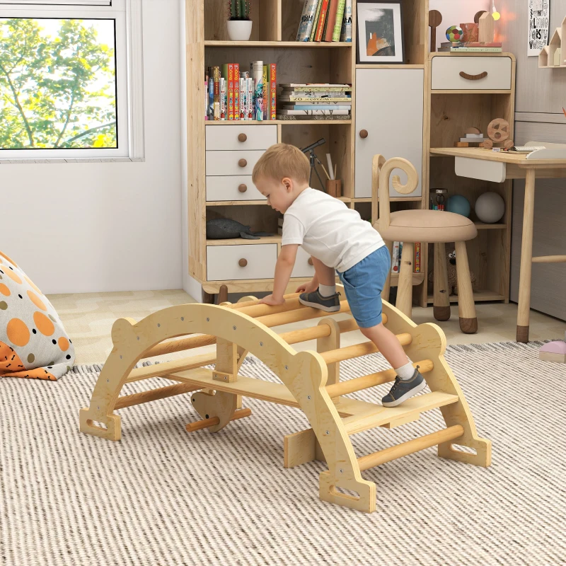 AIYAPLAY Montessori klimrek voor binnen, 2 in 1 klimboog van hout, voor kinderen 2-4 jaar, 110x52x45 cm, naturel hout