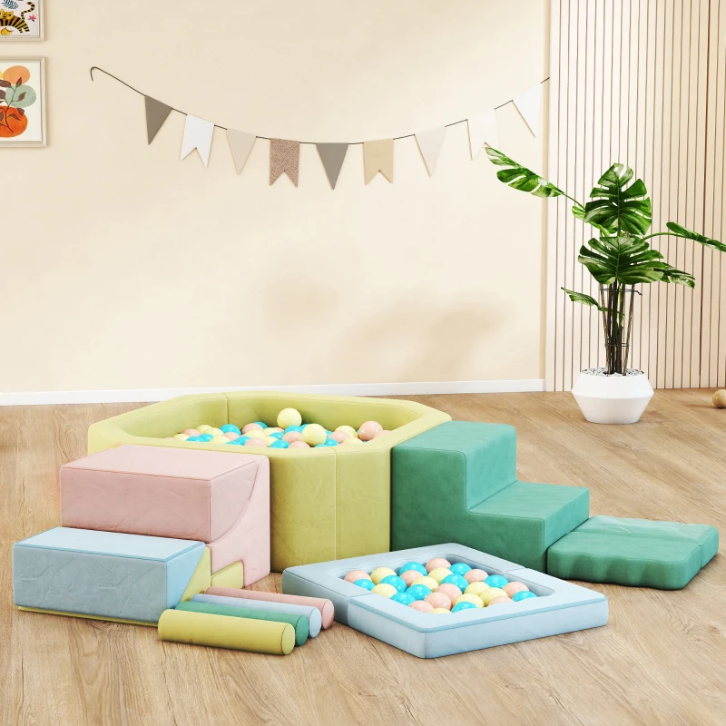 AIYAPLAY Set 15 Blocuri de Construcții Moi Modulabile pentru Copii cu 200 Bile pentru Uz Interior, Multicolor