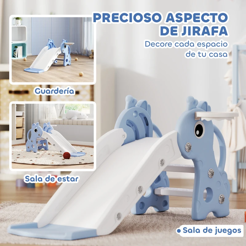 AIYAPLAY Tobogán Infantil 3 en 1 para Niños 1-3 Años con Escalera Canasta de Baloncesto y Diseño de Jirafa 106x51,5x52 cm Azul