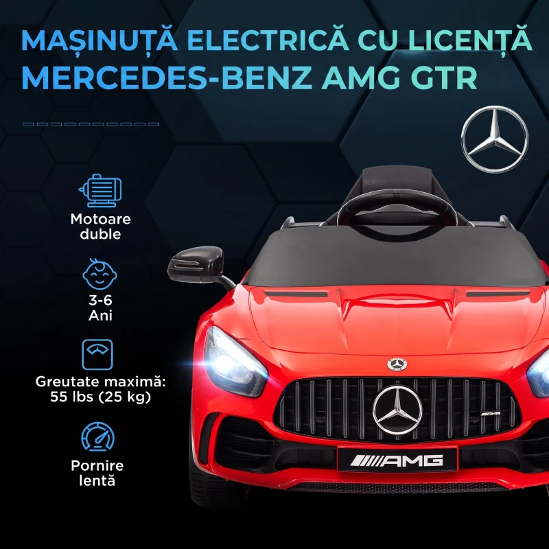 AIYAPLAY Mașină electrică pentru copii Mercedes-AMG GTR, 2 motoare, telecomandă, 3-5 km/h, roșu, 3-6 ani