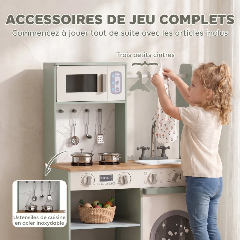 AIYAPLAY Cuisine enfant jouet d'imitation, dinette enfant avec cuisinière, évier, micro-ondes, 5 accessoires, vert