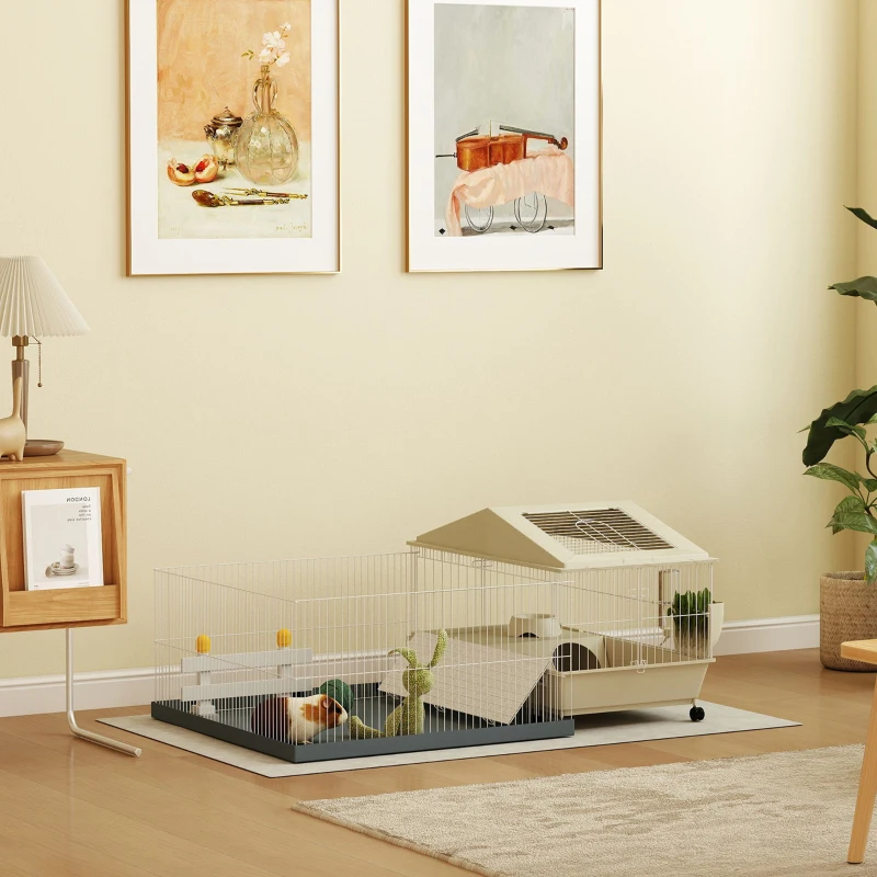 PawHut Cage cochon d'inde cage pour petits animaux avec parc amovible tapis imperméable mangeoire à foin 108 x 71 x 57 cm beige