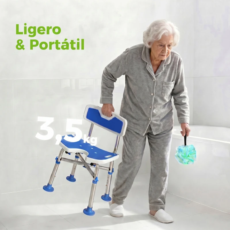 HOMCOM Silla Ducha Personas Mayores Antideslizante con Respaldo Altura Ajustable Soporte para Alcachofa Carga 150 kg Azul