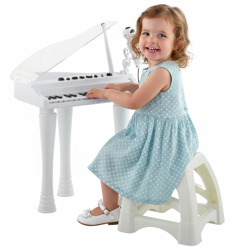 AIYAPLAY Piano enfant électronique 32 touches multifonctions avec micro haut parleur tabouret couvercle lumineux LED blanc