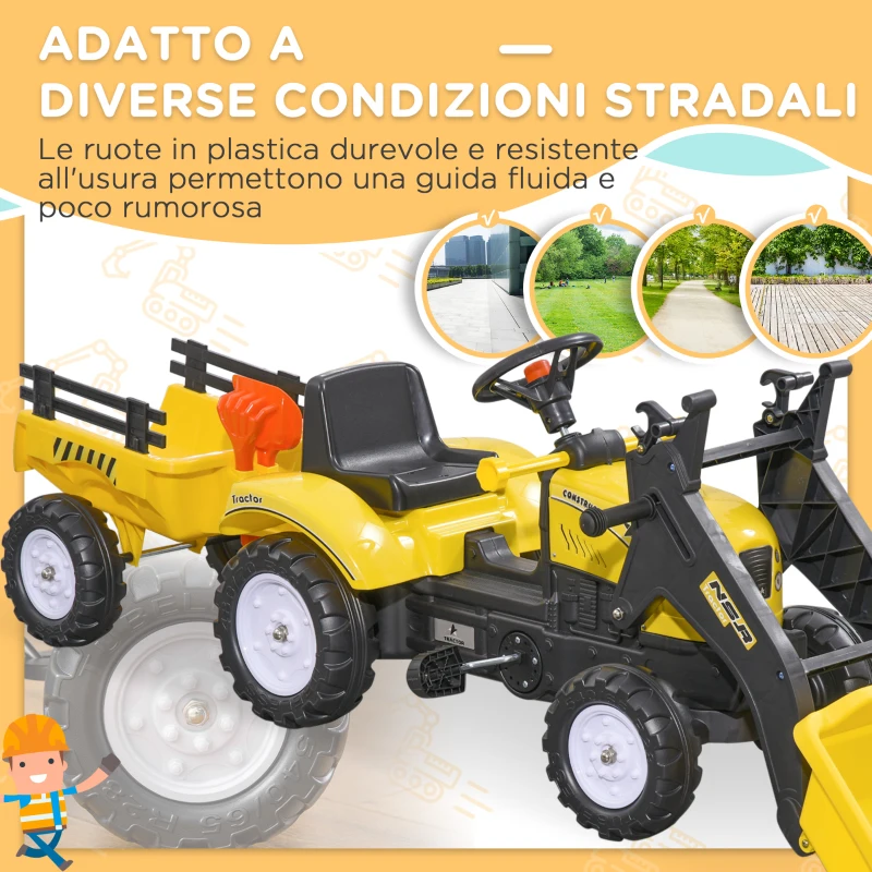 HOMCOM Escavatore a Pedali per Bambini da 3 Anni con Ruspa Frontale, Rimorchio e 6 Ruote, Giallo
