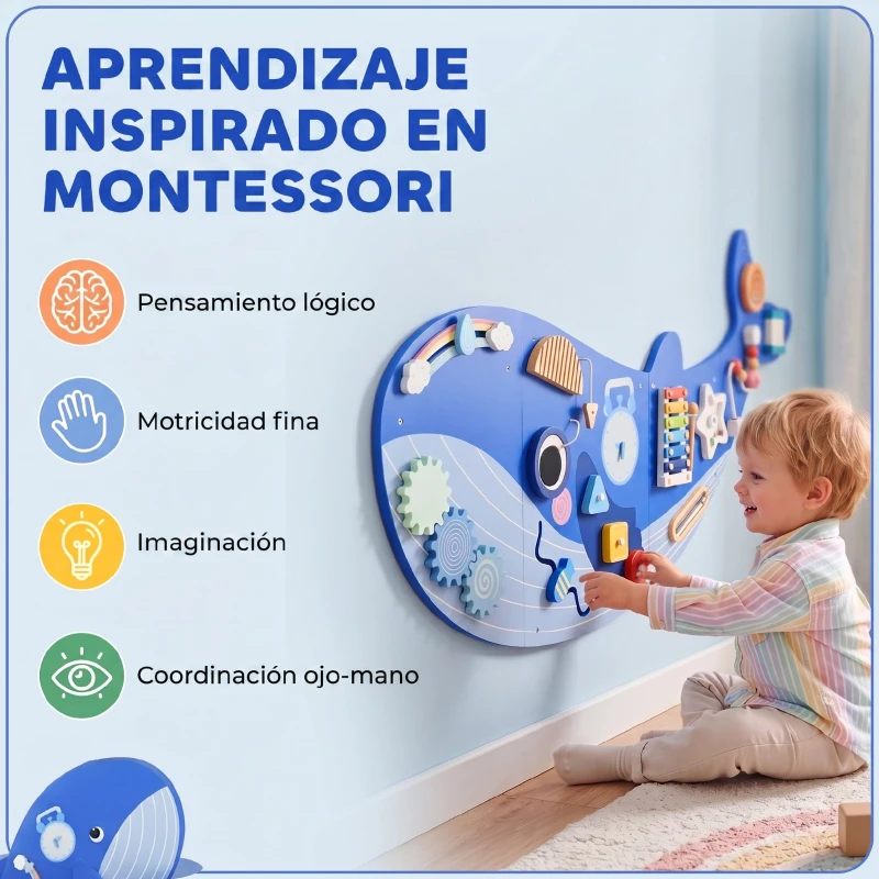 AIYAPLAY Tablero Sensorial Montessori Tema Ballena Busy Board Panel Sensorial Montessori 13 en 1 para Niños +2 Años Azul
