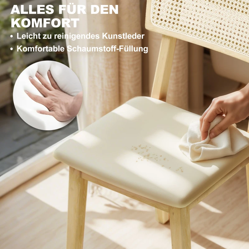 HOMCOM Eetkamerstoel met rotan rugleuning, kunstleren zitting en rubberhout, naturel