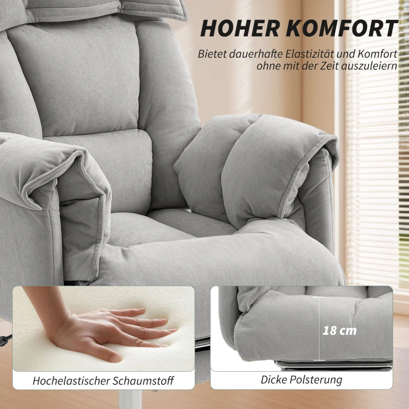 HOMCOM Bureaustoel met voetensteun, verstelbare rugleuning, hoge rugleuning en armleuningen, comfortabele thuiswerkstoel, grijs