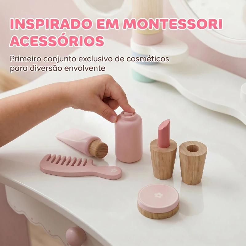 AIYAPLAY Penteadeira Infantil de Maquilhagem com Banco, Espelhos Giratórios, Gaveta e Acessórios e Bandejas, Rosa, +3 Anos