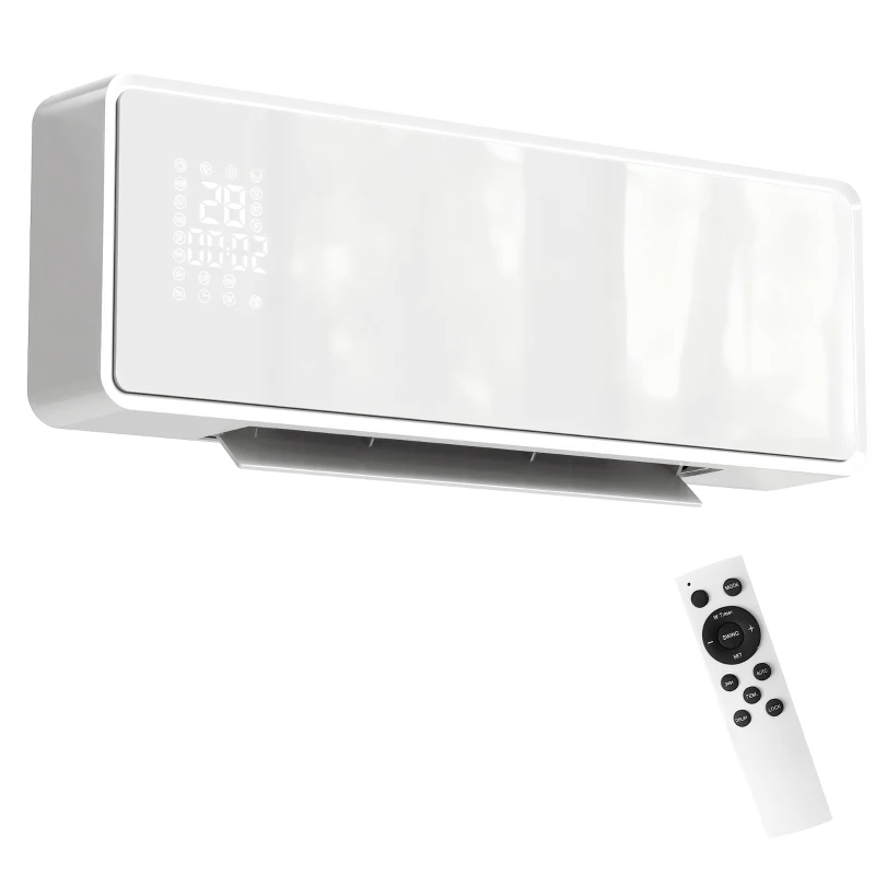 HOMCOM Wandgemonteerde 2000W keramische elektrische verwarmer, ventilator, thermostaat, timer, afstandsbediening, glazen paneel, Wit(m-11)