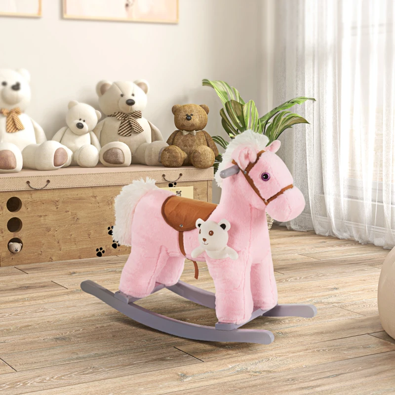 HOMCOM Cavallo a Dondolo per Bambini in Legno e Peluche con Suoni e Orsetto Incluso, per Bimbi da 18-36 Mesi, 65x26x55cm, Rosa