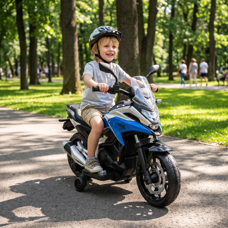 AIYAPLAY Licensed Honda 12V Kids Electric Motorbike with Training Wheels, Soft Start, Headlights, Music for 3-6 Years, Blue