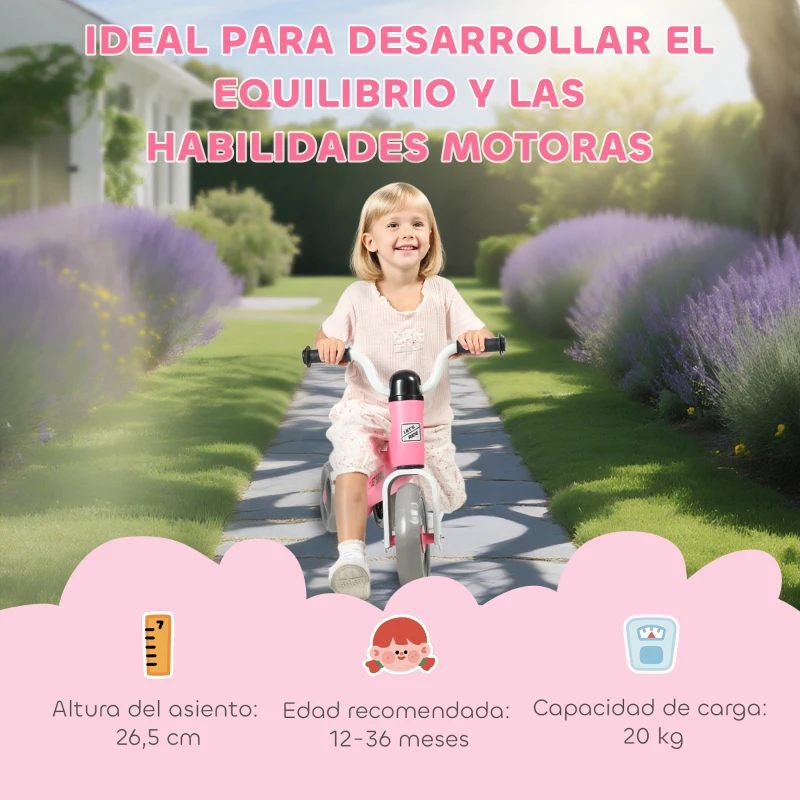 AIYAPLAY Bicicleta sin Pedales para Niños de 12 a 36 Meses con Ruedas Silenciosas y Manillares con Giro Limitado a 60°, Rosa