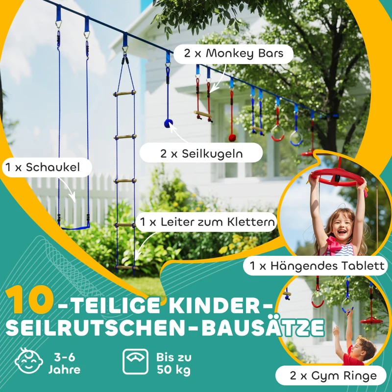 AIYAPLAY 6 Tokkelbaan-Kits voor Kinderen, 50 kg Belastbaarheid, 3-6 Jaar, Draagtas, Blauw