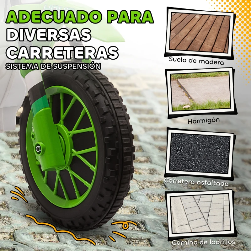 HOMCOM Moto Eléctrica para Niños de +3 Años 12V Moto de Juguete Infantil con 2 Ruedas de Equilibrio Velocidad 3-8 km/h Arranque Suave 106,5x51,5x68 cm Verde