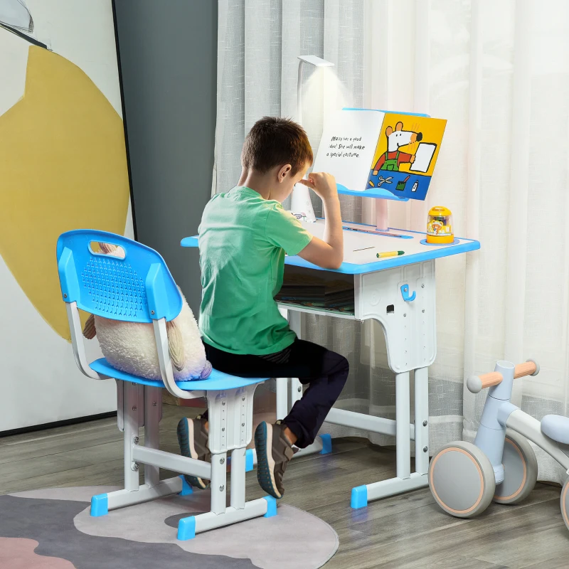 HOMCOM Kids Desk and Chair Set Adjustable Height Study Table Set with Drawer, Book Stand, Pen Slot - Blue