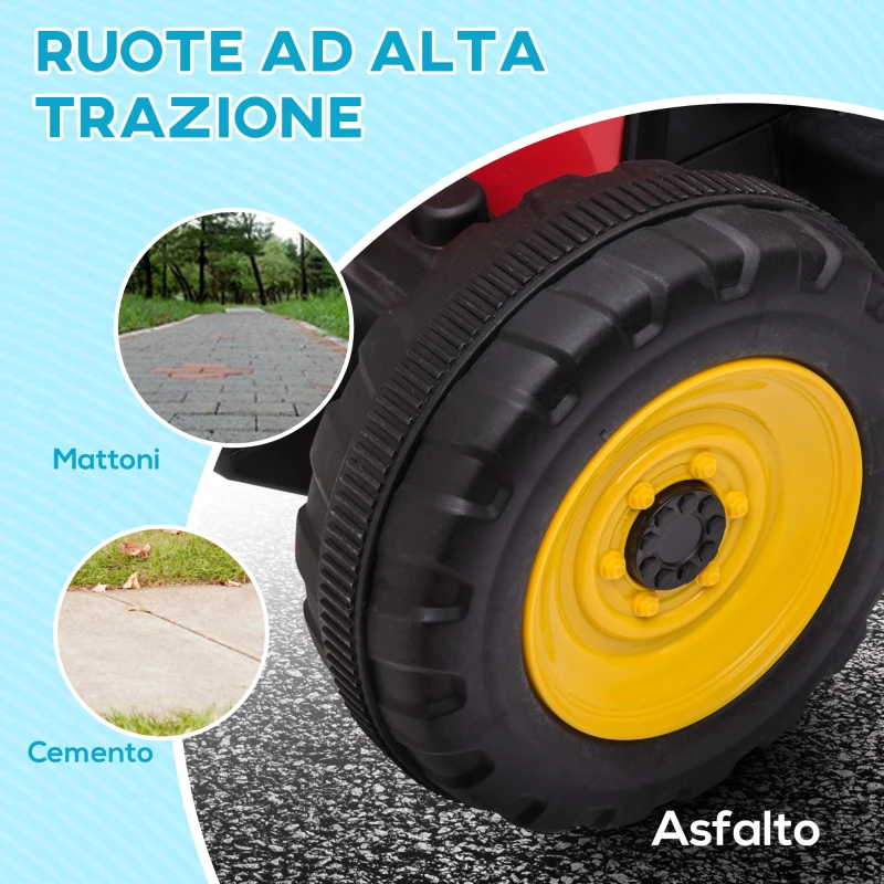 HOMCOM Trattore Elettrico per Bambini 3-6 Anni con Rimorchio Rimovibile, Batteria 12V e Telecomando, Rosso