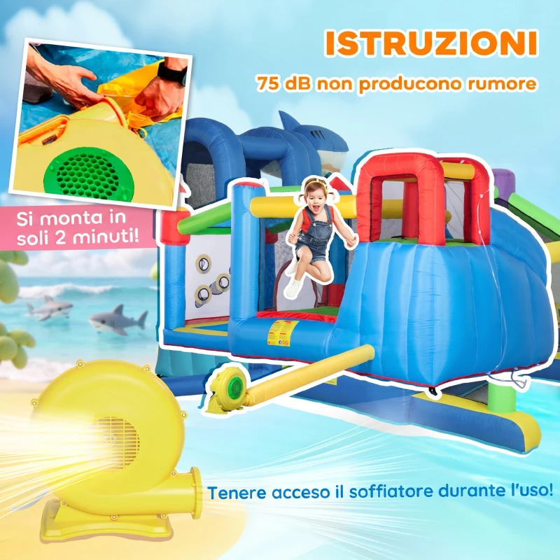 Outsunny Castello Gonfiabile per Bambini con Scivolo, Trampolino e Piscina, 390x300x197cm