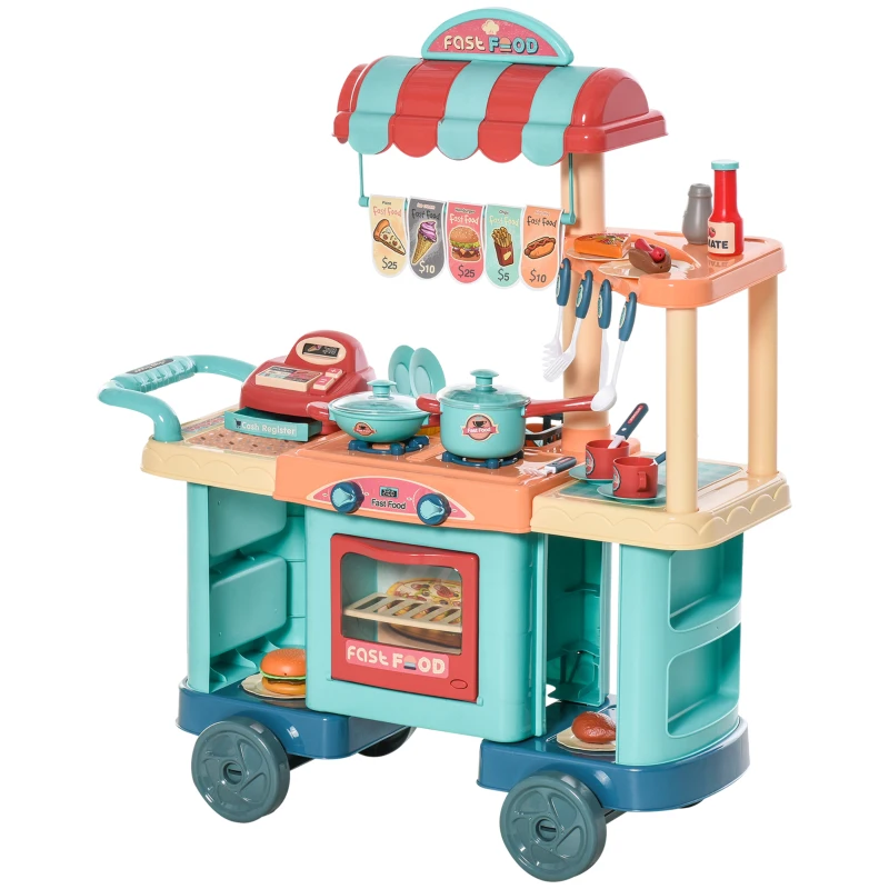 HOMCOM Cocina de Juguete para Niños de 3-6 Años con Ruedas Caja Registradora y Accesorios 79,5x33x90,5 cm Multicolor