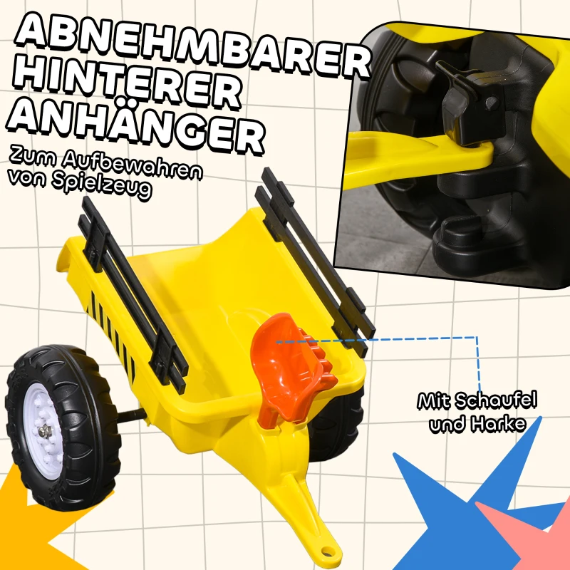 HOMCOM Pedaaltractor met aanhanger, gereedschap, claxon, voor kinderen van 3 jaar en ouder, metalen frame, zwart/geel, 133 x 42 x 51 cm(m-5)
