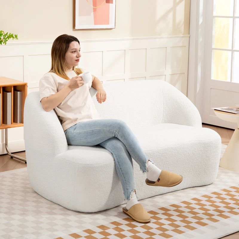 HOMCOM 2-zitsbank, vloeiend ontwerp, stoffen bank met fleece bekleding, voor woonkamer, slaapkamer, thuiskantoor, Crème wit(m-2)