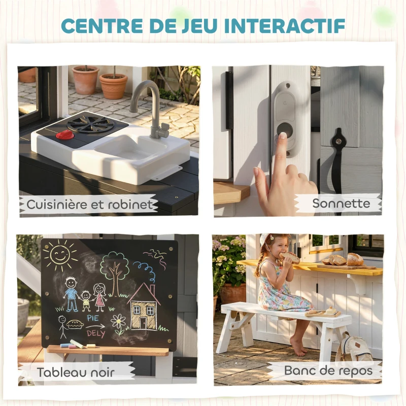 AIYAPLAY Cabane enfant extérieur en bois, maison enfant extérieure avec chatière, ustensiles de cuisine, banc et sonnette, blanc
