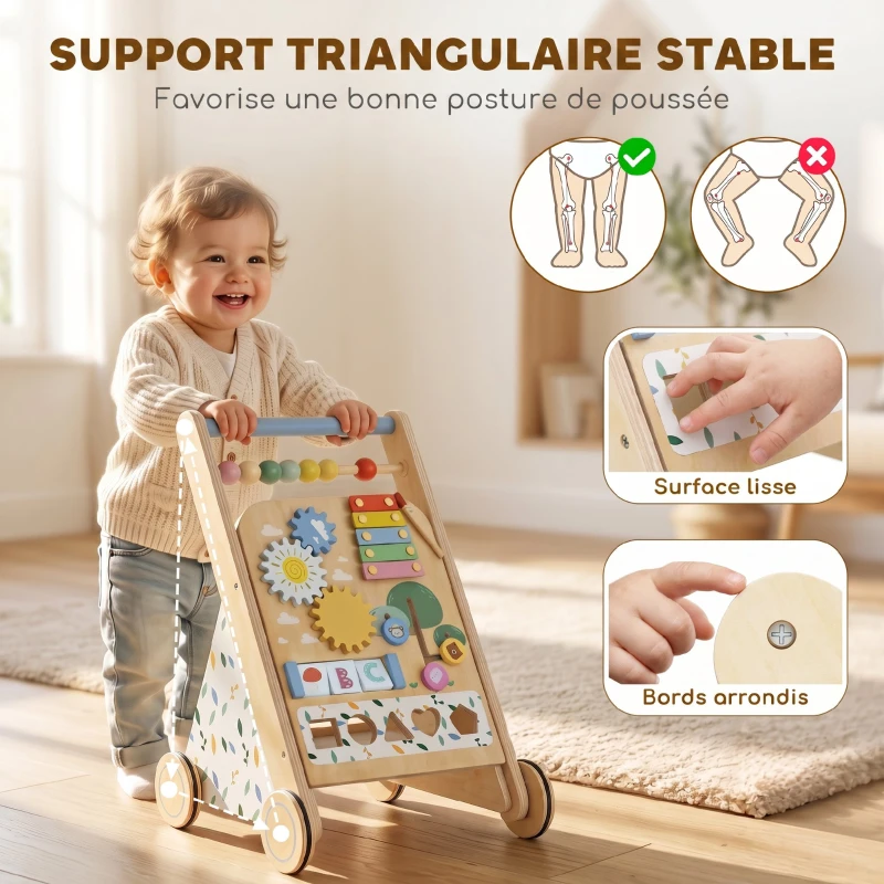 AIYAPLAY Trotteur Bebe en Bois, Chariot de Marche Bébé avec Centre d'Activités, Vitesse Réglable et 5 Blocs, dès 18 Mois, Naturel