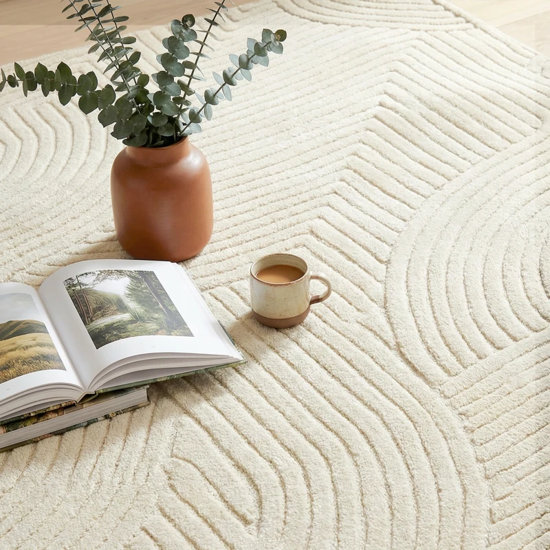 HOMCOM Tapis salon 200 x 140 cm, tapis à poils épais géométrique, moelleux et antidérapant, crème