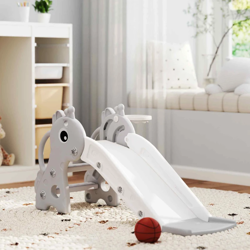 AIYAPLAY 3 in 1 Kids Slide with Climber, Basketball Hoop and Ball, Giraffe Shape Climber Slide for Indoor Kids Age 1-3, Grey
