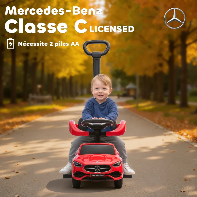 AIYAPLAY Porteur enfants Mercedes-Benz sous licence, porteur voiture à pousser avec poignée amovible, 91 x 40 x 83 cm, rouge