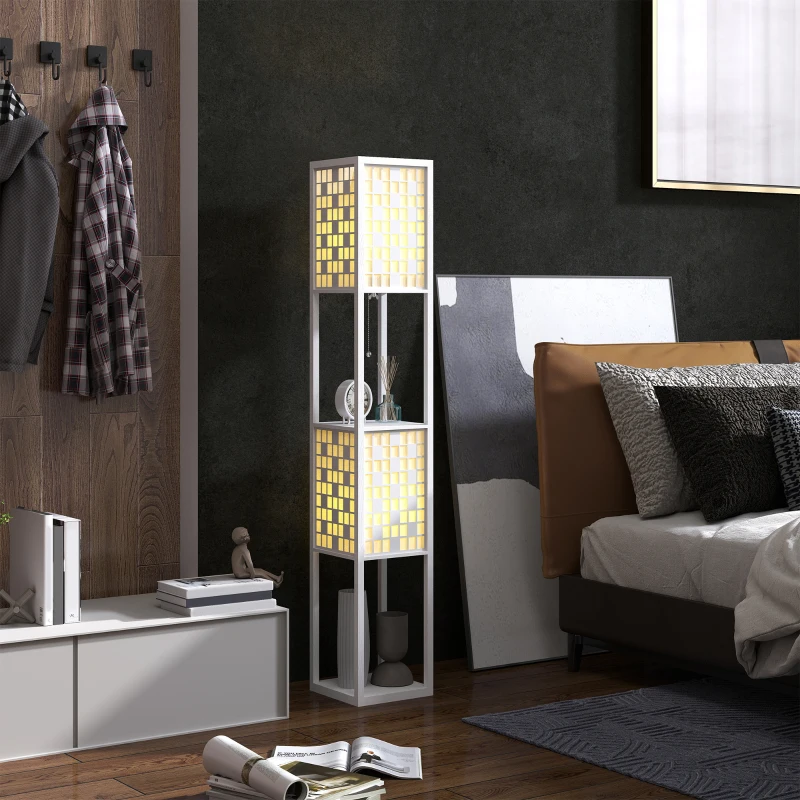 HOMCOM Staande lamp met rasterpatroon, 2-laags schappen, geschikt voor diverse lichtbronnen, wit