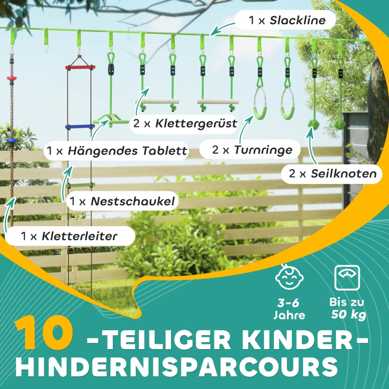 AIYAPLAY Klimtouw-Set, Touw-Kit voor Kinderen, Verschillende Klim- en Glijopties, Draagtas, Groen