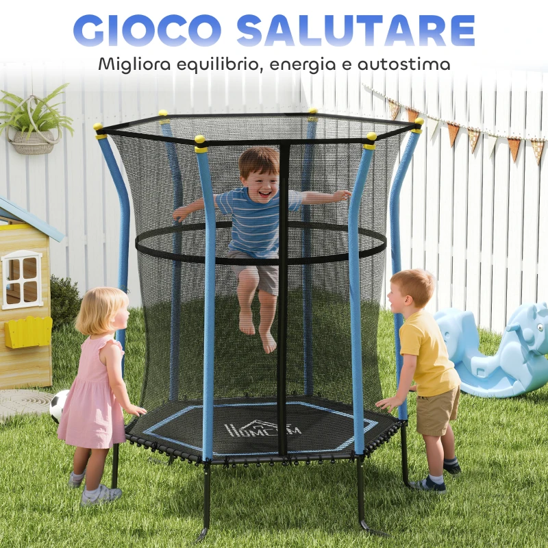 HOMCOM Tappeto Elastico per Bambini con Ingresso a Cerniera e Pali Imbottiti, in Acciaio, PP e EPE, 122x111x190 cm, Blu