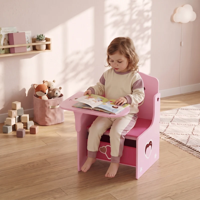 AIYAPLAY Kindertisch mit Stuhl 2-in-1 Integrierte Kindersitzgruppe mit Stauraum Platzsparend für Kinder 3-5 Jahren Rosa