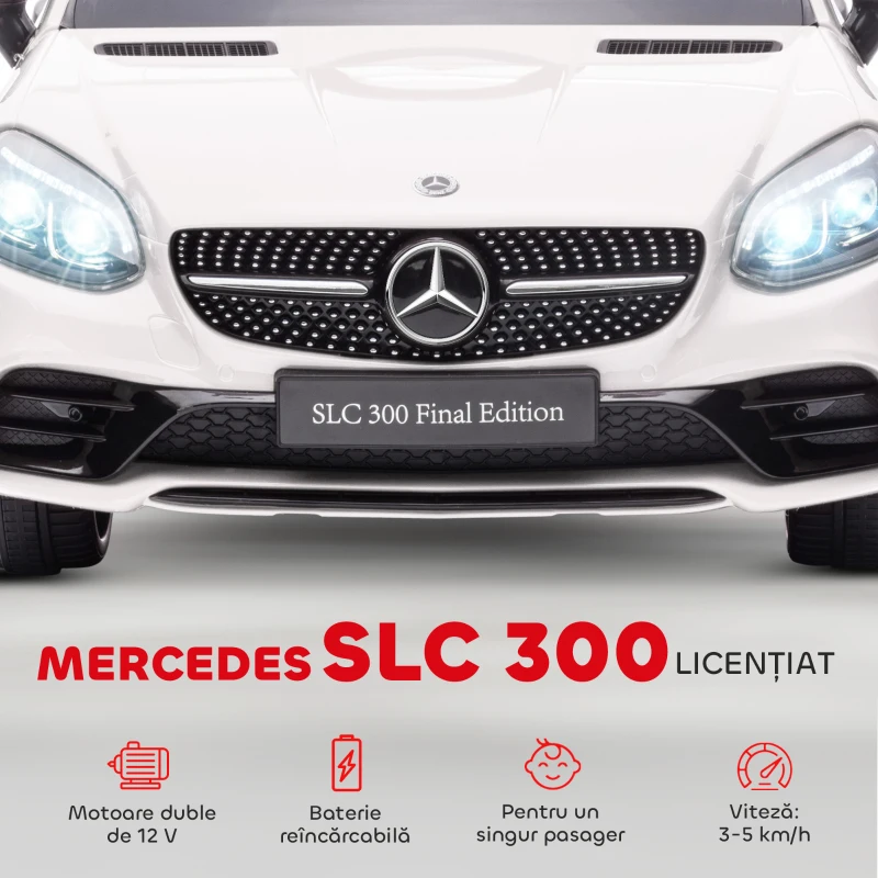 AIYAPLAY Mașină Electrică pentru Copii Licențiată Mercedes SLC 300 cu Telecomandă, din PP și Metal, 107x62.5x44 cm, Albă(m-4)