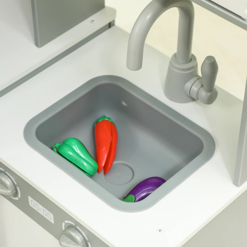 AIYAPLAY Cozinha de Madeira para Crianças com Sons Forno Lavatório Micro-Ondas Máquina de Gelo e Acessórios 110x80x91 cm Cinza