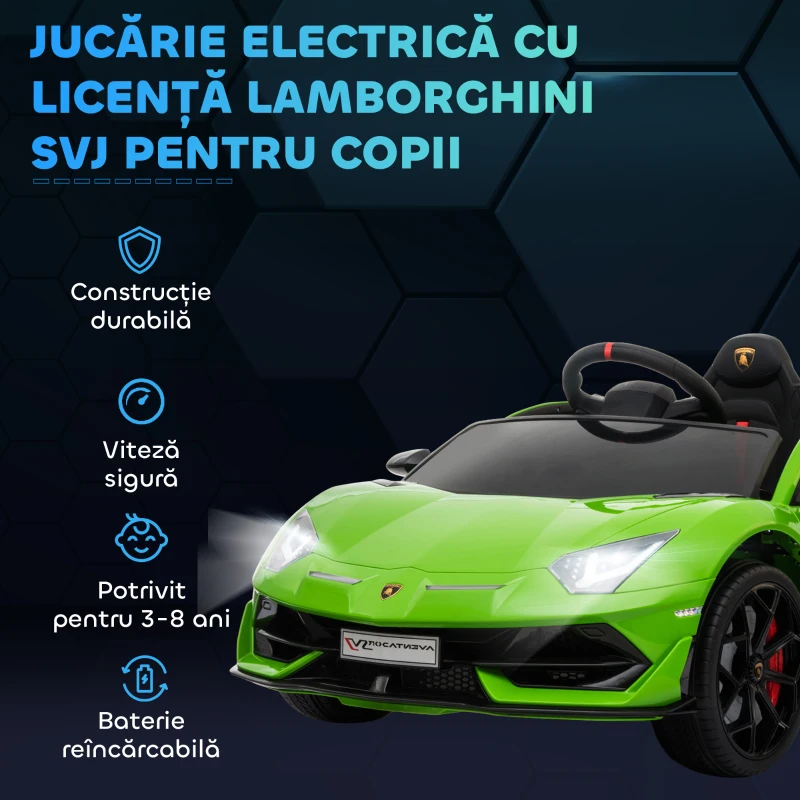 HOMCOM Mașină Electrică pentru Copii cu Telecomandă, Licență Lamborghini Aventador, Vârsta 3-8 Ani, Verde