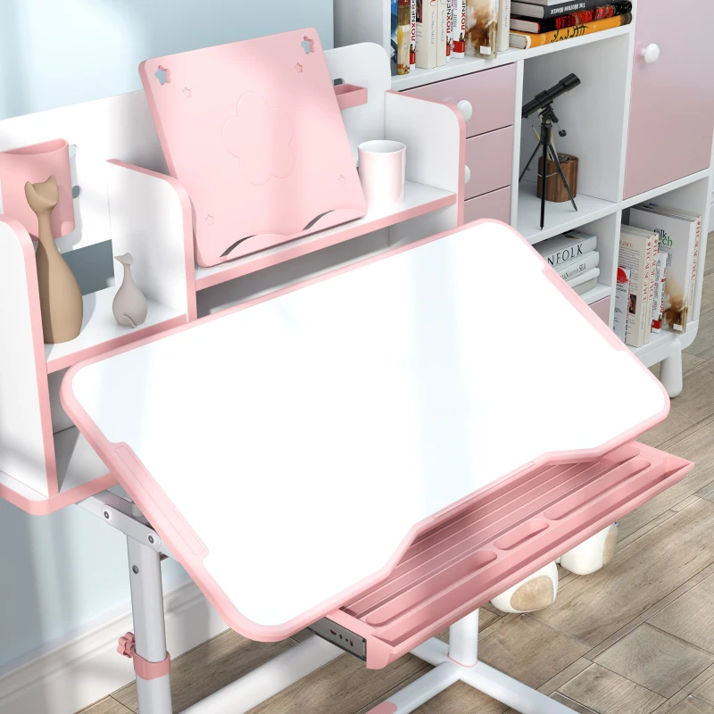 AIYAPLAY Set Scrivania e Sedia per Bambini Regolabili, Banco Scuola con Piano Inclinabile, Cassetto, Scaffale, Rosa