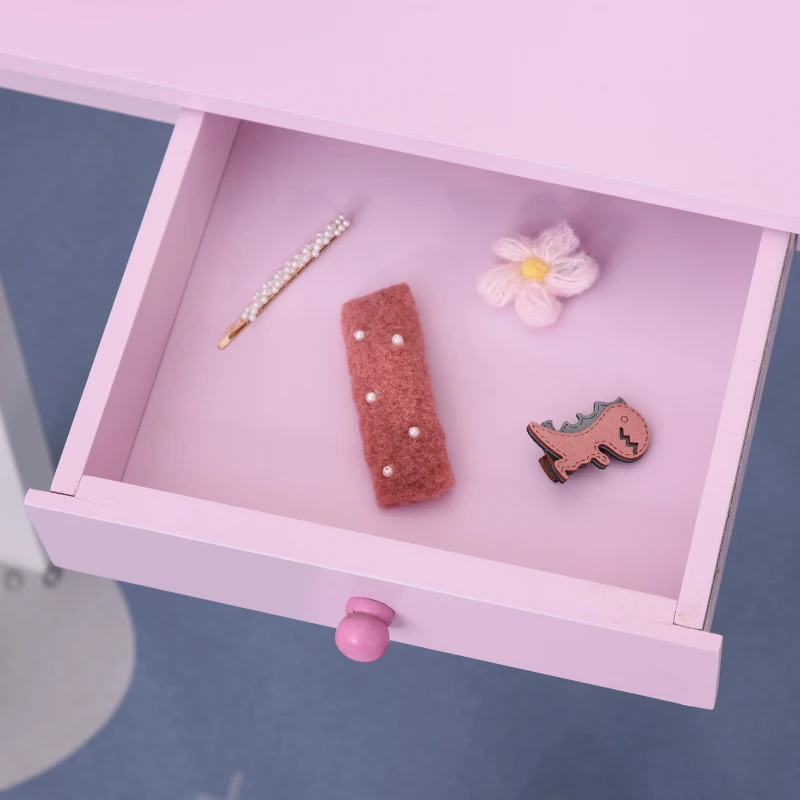 HOMCOM Toeletta per Bambine 3+ Anni in Legno, Set Tavolo da Trucco Giocattolo con Specchio e Sgabello, Rosa