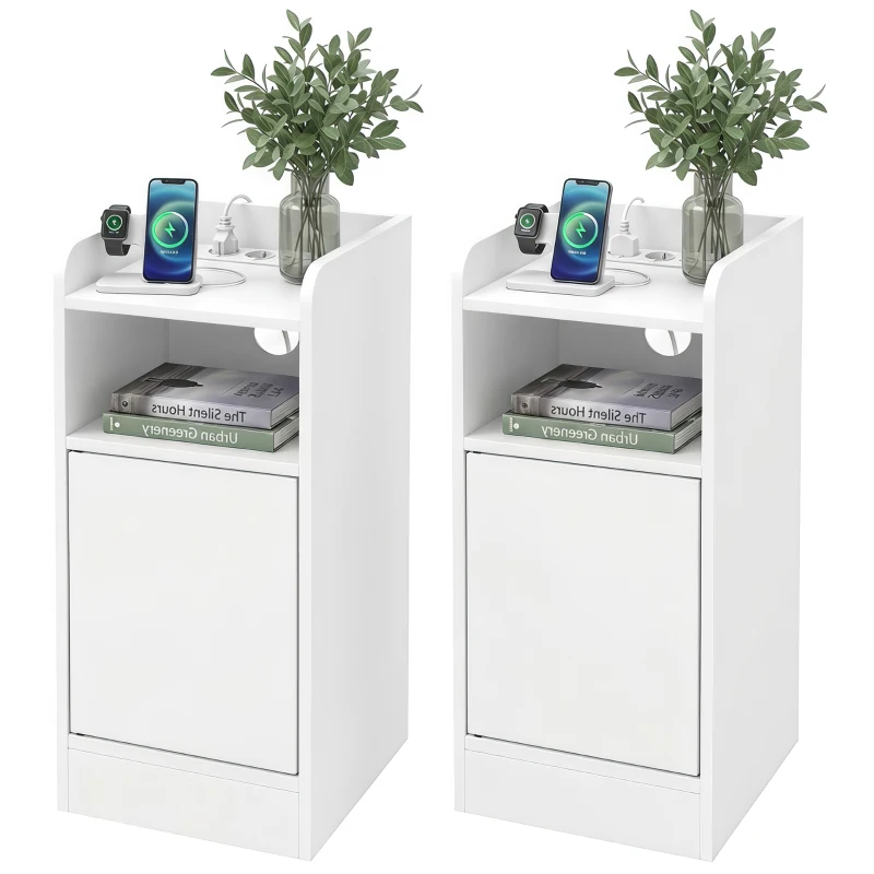 HOMCOM Set 2 comodini con stazione di ricarica, armadietto e ripiano, 25x30x60 cm, Bianco